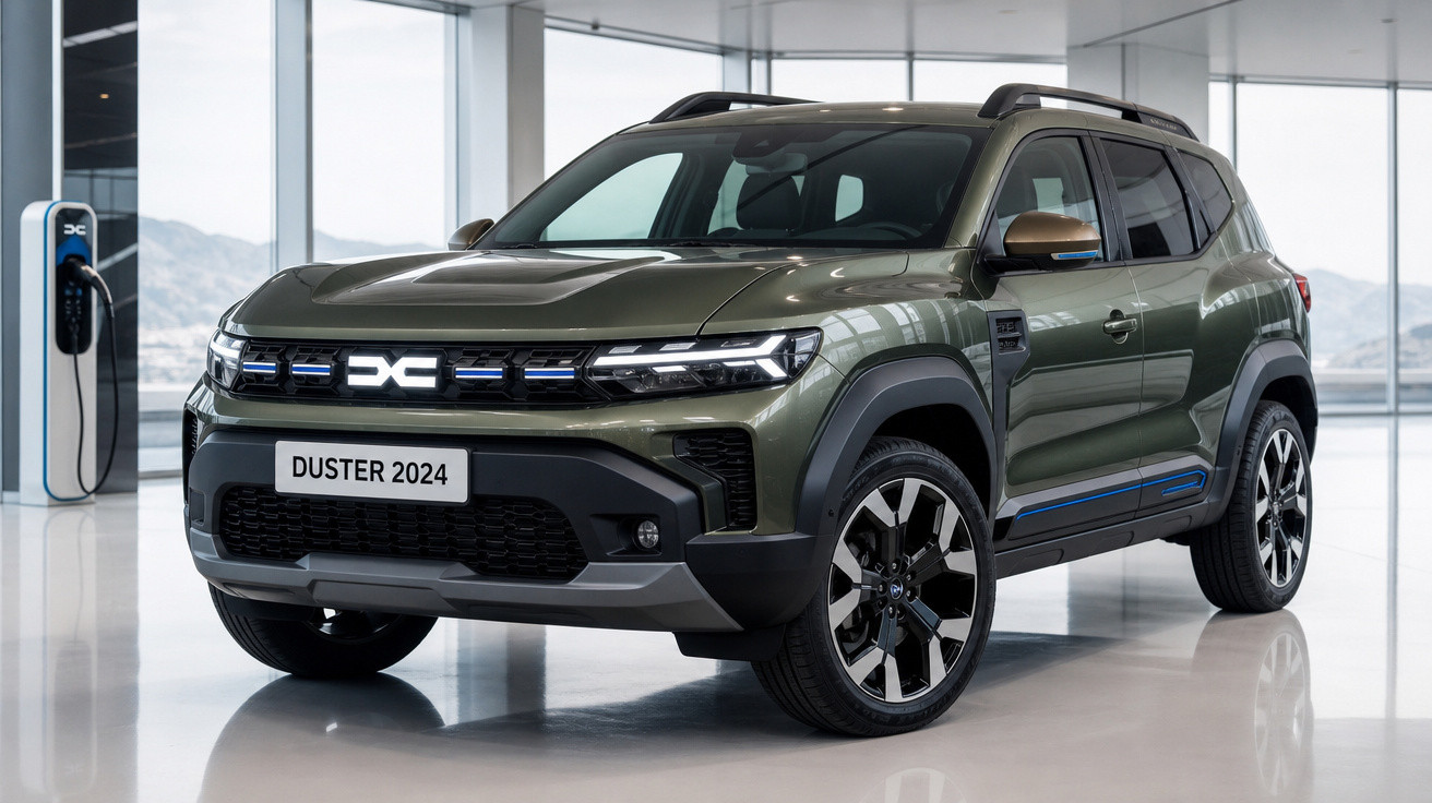 SUV Duster 2024 verde com design moderno e rodas grandes em ambiente interno iluminado.