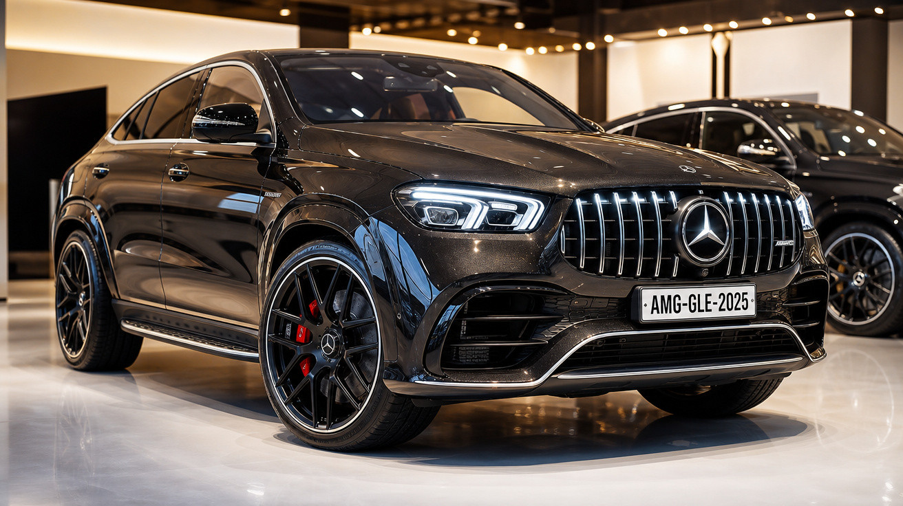 Carro Mercedes-Benz AMG GLE preto exibido em salão com iluminação e detalhes esportivos nas rodas.