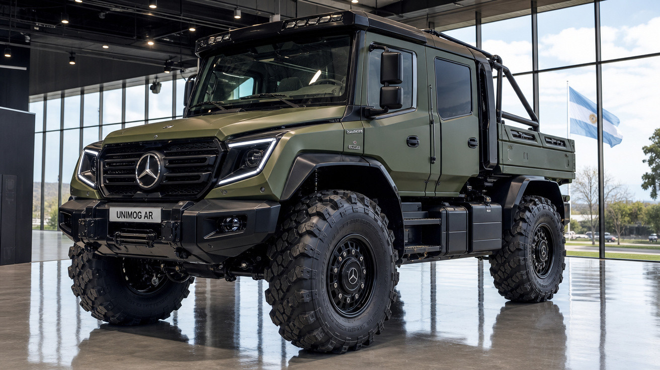 Caminhão militar Mercedes-Benz Unimog AR verde oliva exibido em showroom com pneus grandes e robustos.