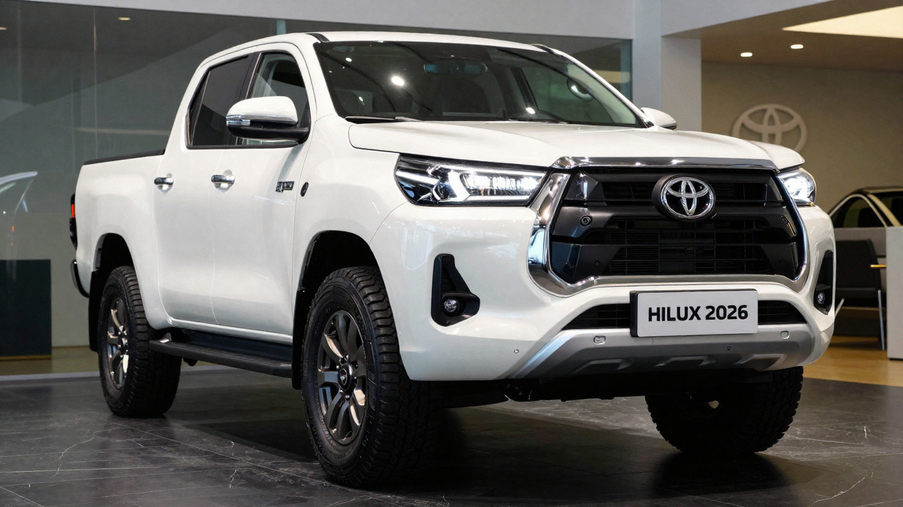 Pick-up Toyota Hilux 2026 branca em exposição, vista frontal em ângulo.