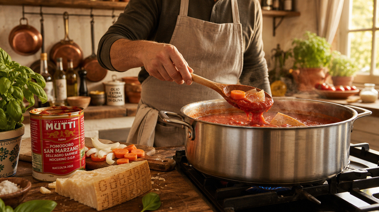 Pessoa mexendo molho de tomate com legumes em panela grande na cozinha rústica iluminada natural.
