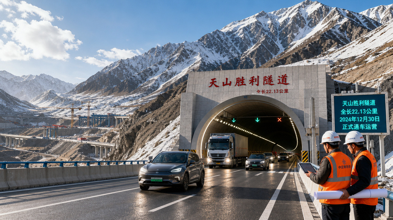 Entrada de túnel rodoviário nas montanhas nevadas com veículos e dois trabalhadores de segurança.
