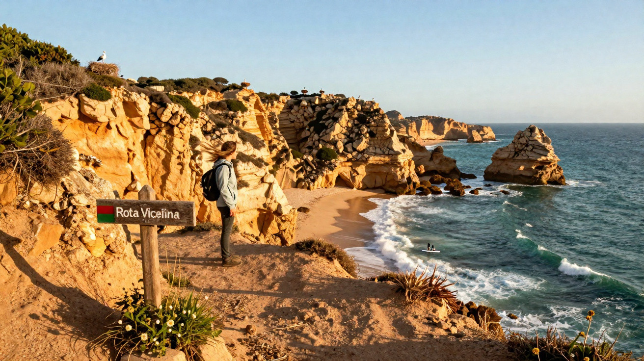 Pessoa com mochila observa falésias douradas e mar na trilha Rota Vicentina, Portugal, ao entardecer.