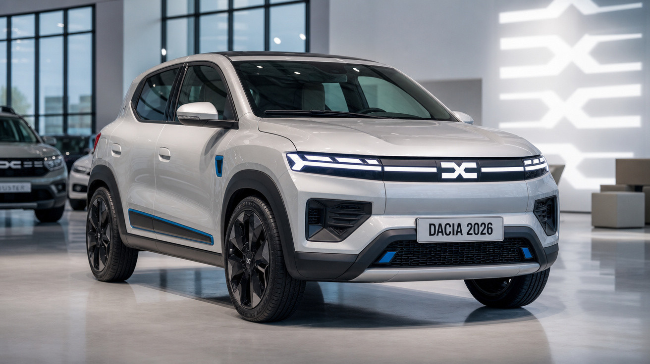 Carro elétrico Dacia 2026 branco exibido em showroom moderno com design compacto e luzes LED na frente.