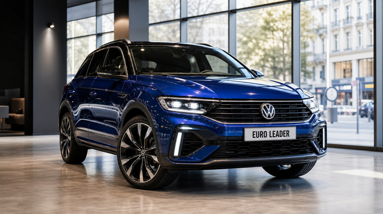 Carro SUV Volkswagen azul exibido em showroom moderno com grandes janelas e piso brilhante.