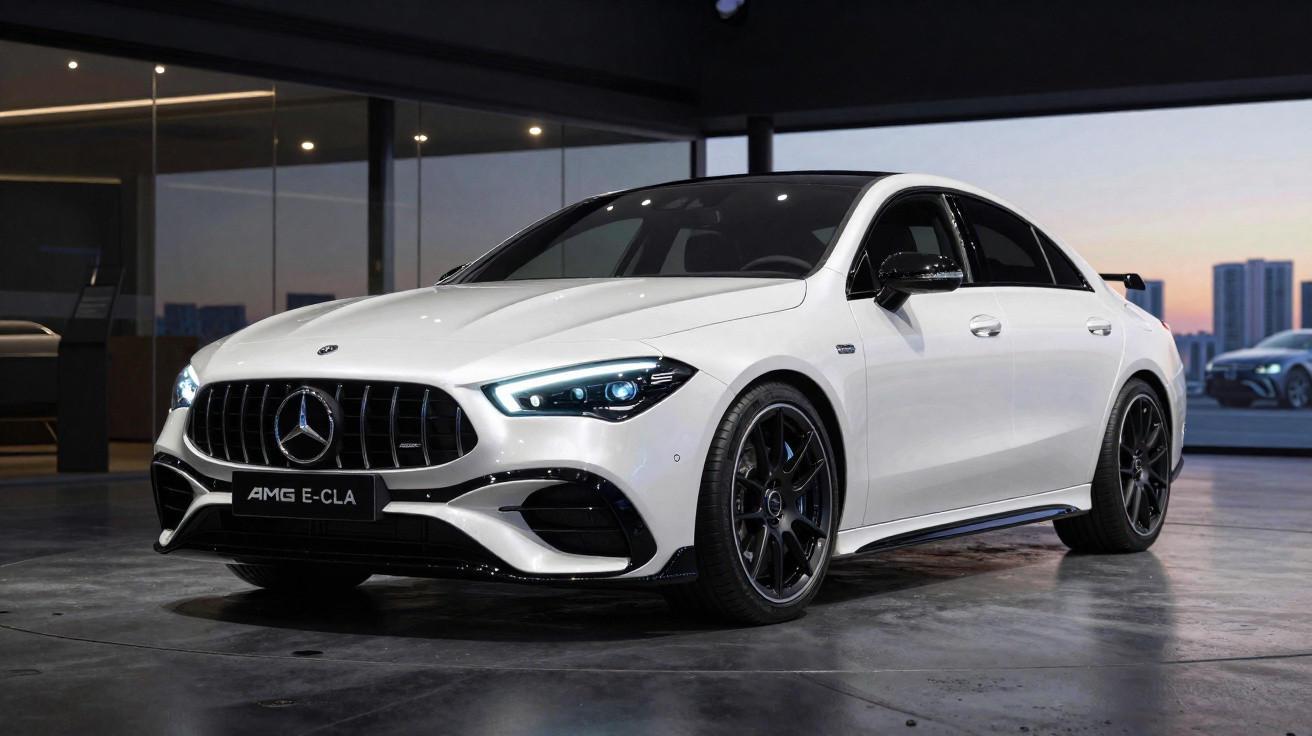 Mercedes-Benz AMG E-CLA branco estacionado em ambiente interno com luzes acesas e fundo urbano ao entardecer.