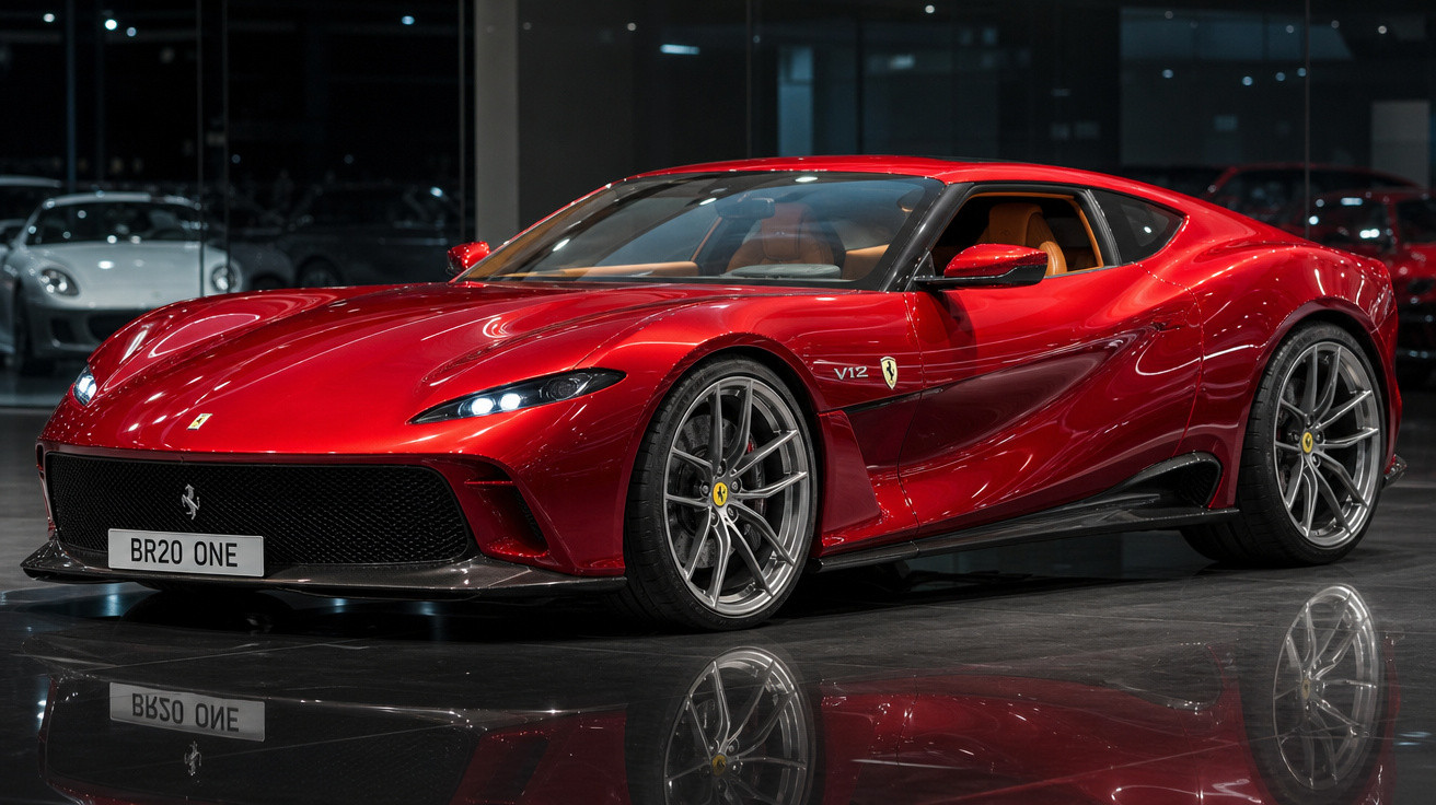 Carro esportivo Ferrari vermelho com motor V12 estacionado em ambiente interno e refletido no chão brilhante.
