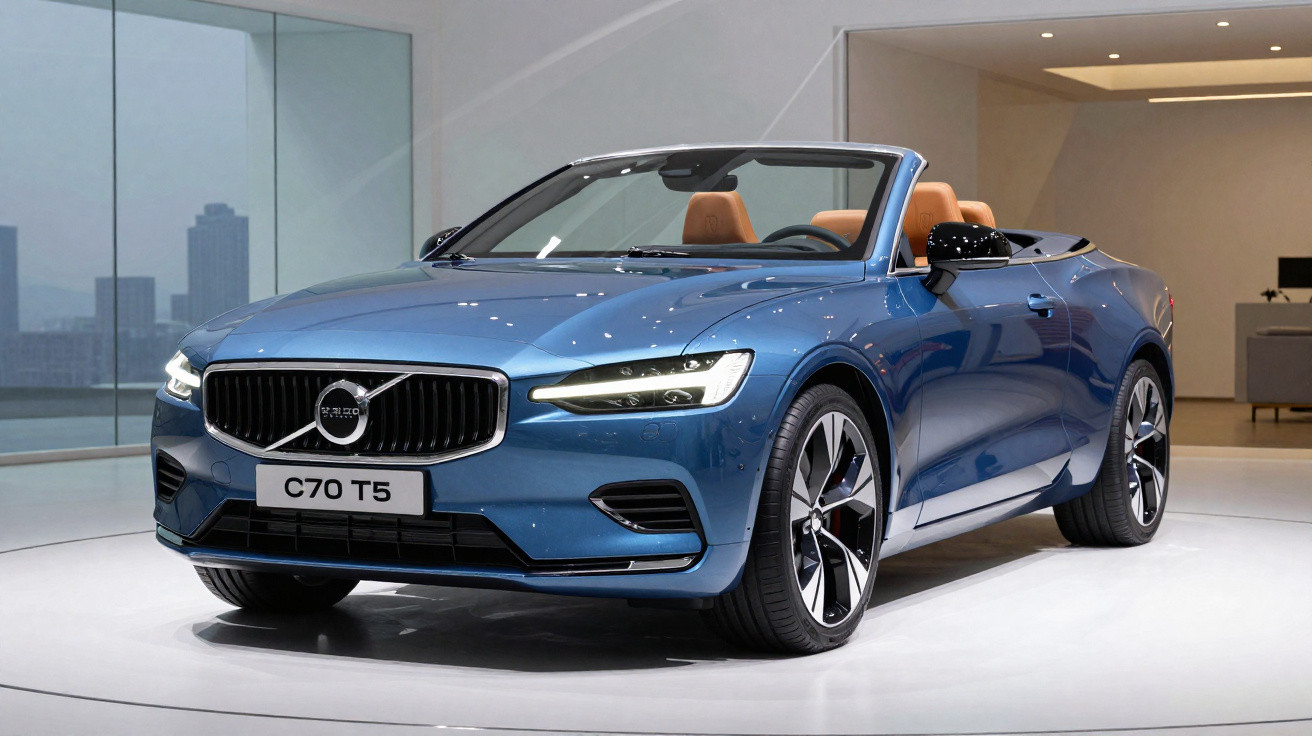 Carro conversível Volvo C70 T5 azul exibido em salão de automóveis moderno.