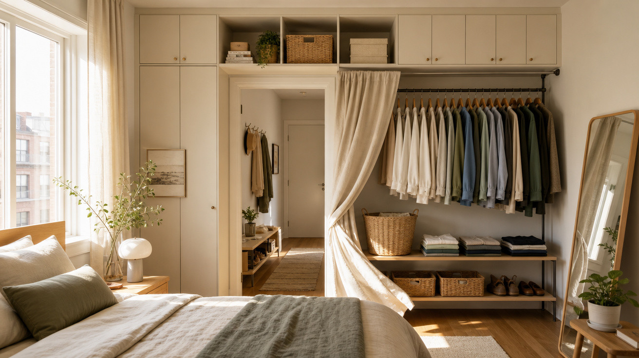 Quarto iluminado com cama, armário aberto com roupas penduradas e espelho de corpo inteiro.
