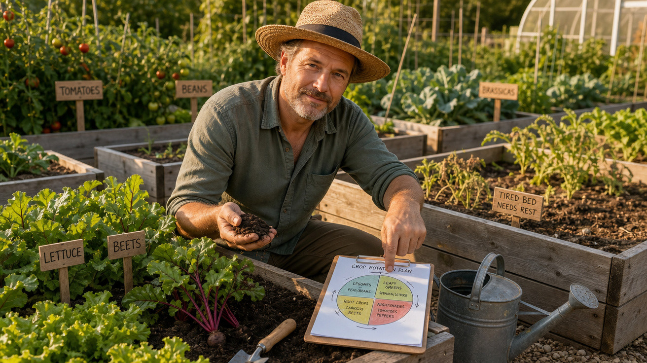 Homem com chapéu segurando terra e mostrando plano de rotação de culturas em horta com várias plantas.