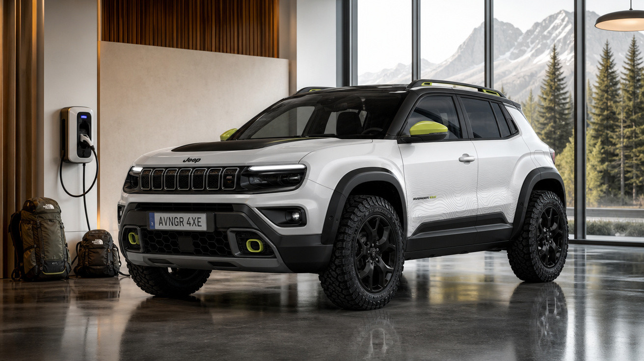 Jeep branco e preto modelo Avenger 4XE em ambiente interno com carregador elétrico e mochila ao lado.