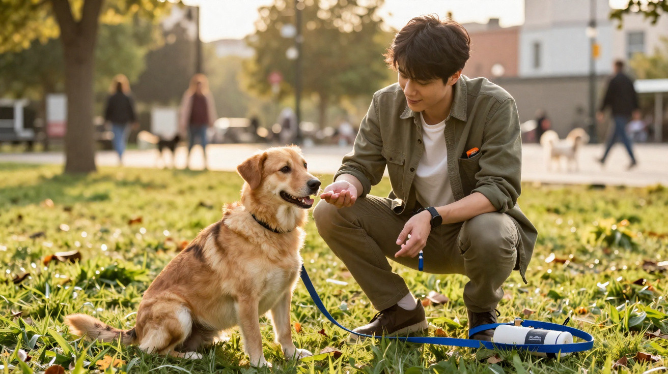 Homem agachado alimentando e interagindo com cachorro em parque ensolarado com pessoas ao fundo.