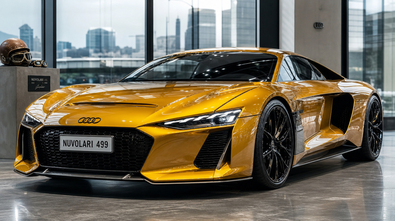 Carro esportivo Audi Nuvolari 499 dourado estacionado em showroom moderno com piso cinza.