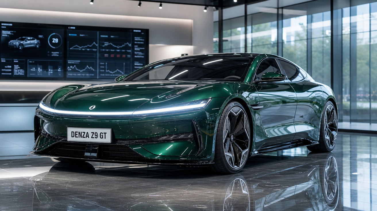 Carro esportivo elétrico verde Denza Z9 GT em exposição em showroom moderno e iluminado.