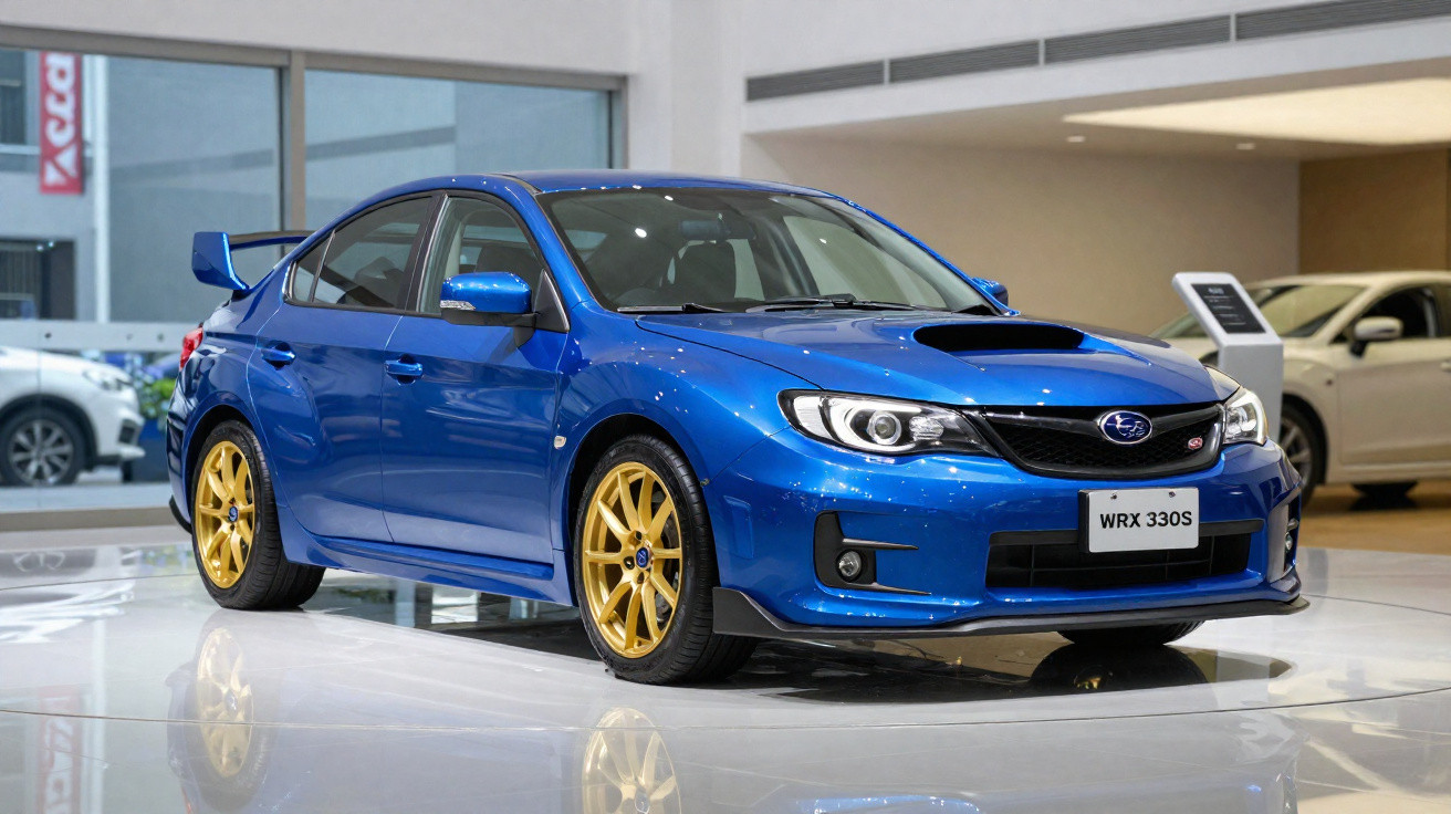 Carro esportivo Subaru WRX 330S azul com rodas douradas em showroom moderno e iluminado.