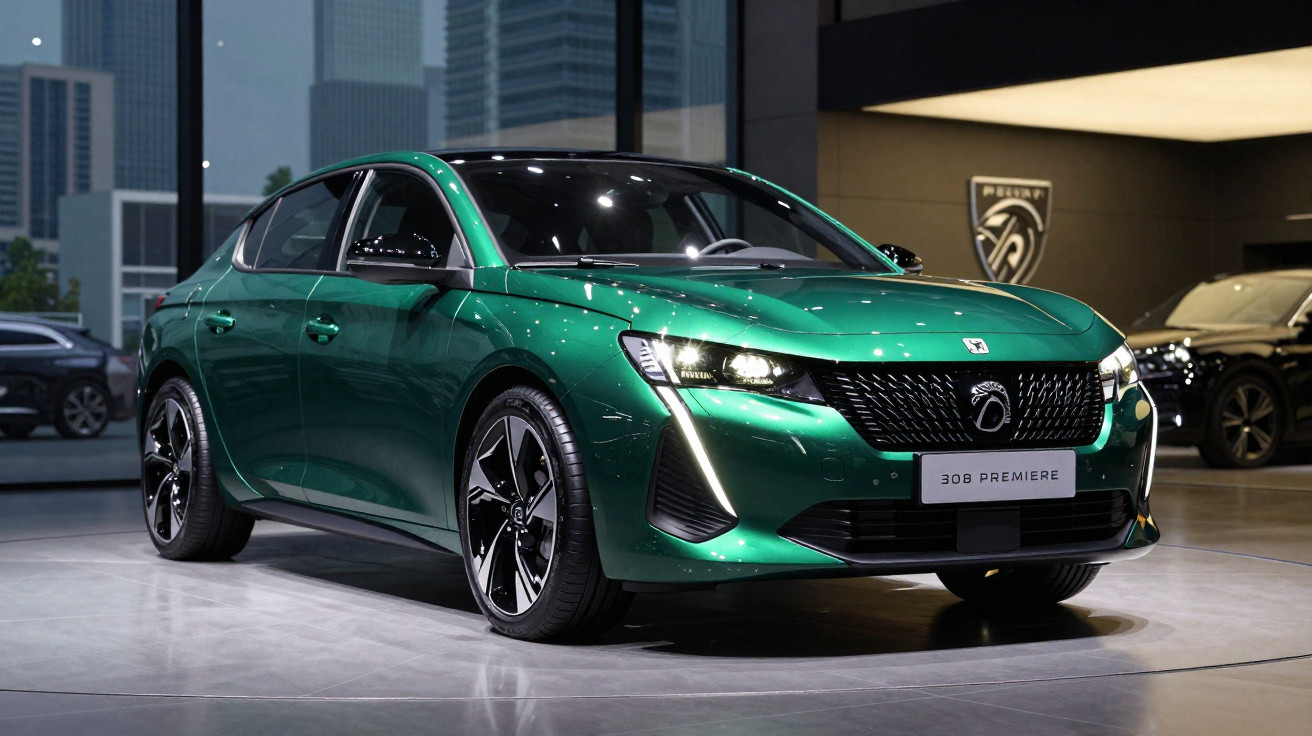 Carro verde metálico Peugeot 308 Premiere exibido em showroom moderno com iluminação direta.