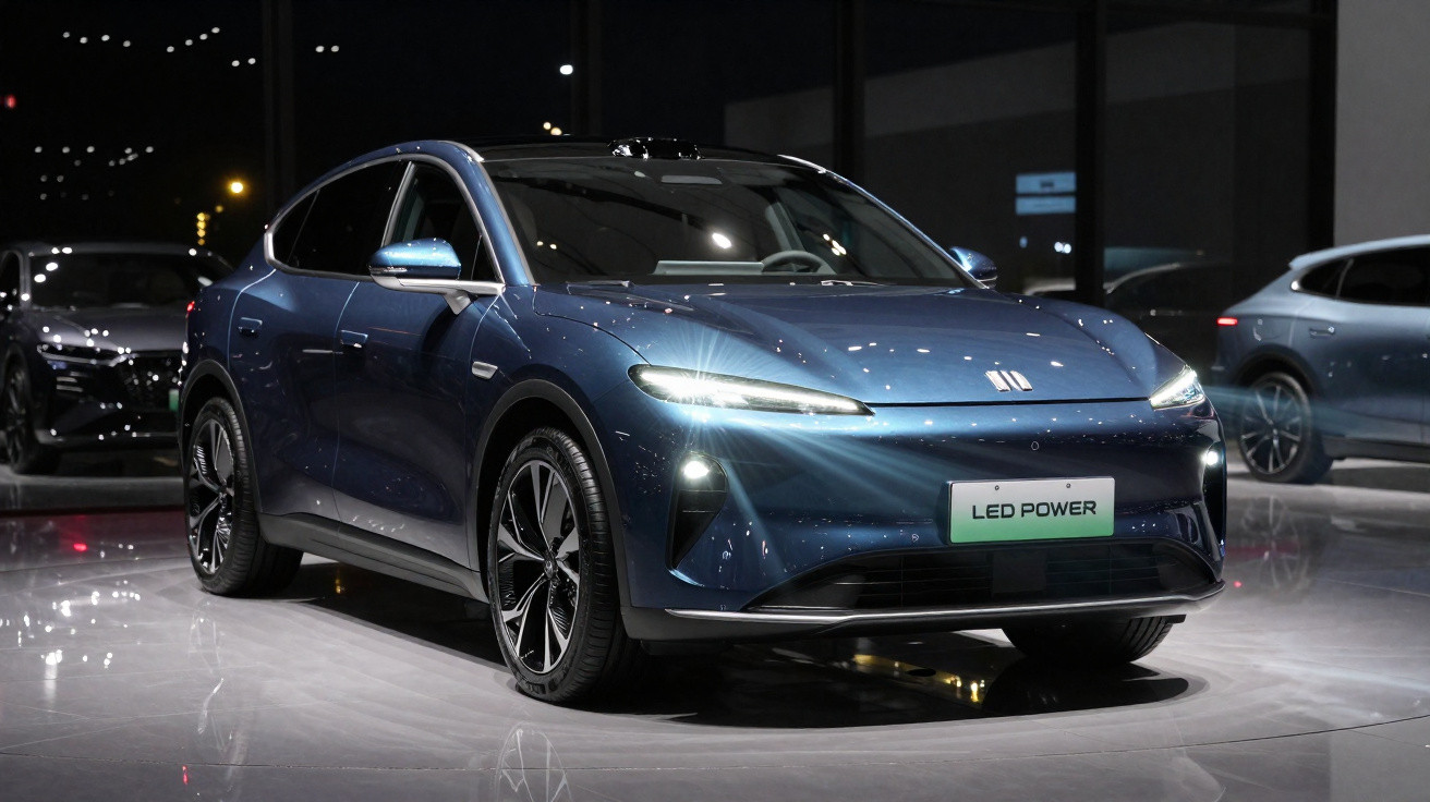 Carro elétrico azul com faróis acesos em exposição interna, com placa LED Power.