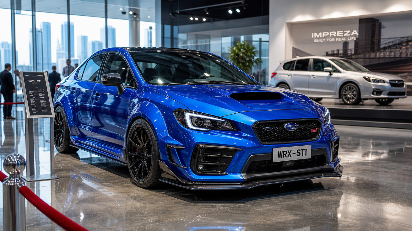 Carro esportivo Subaru WRX STI azul exibido em salão de automóveis com piso brilhante.