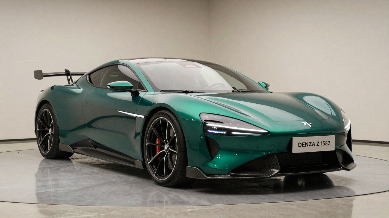 Carro esportivo verde Denza Z 1582 em estúdio com rodas pretas e spoiler traseiro.