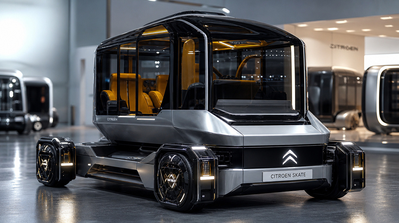 Veículo conceito elétrico Citroën Skate com design futurista e cabine de vidro e rodas independentes.
