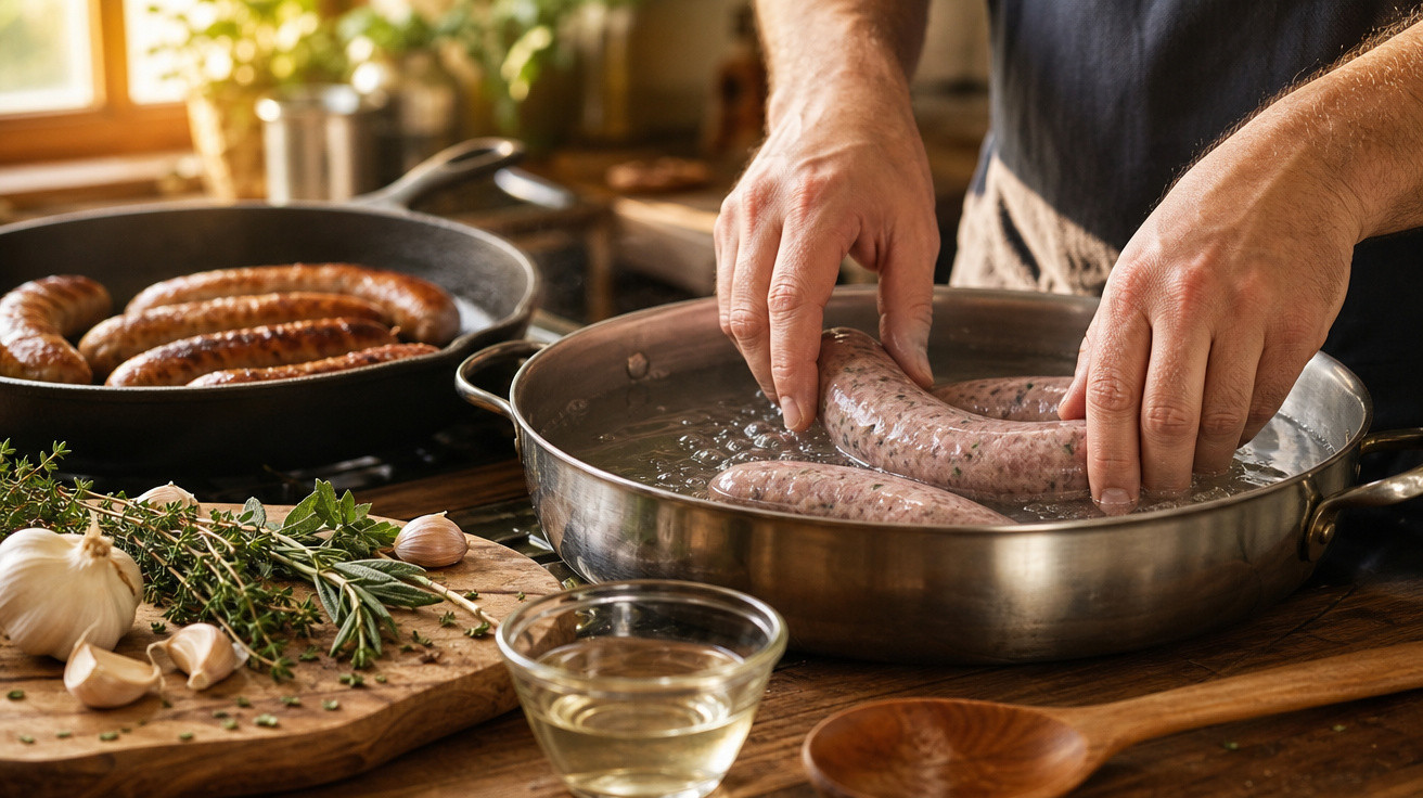 Mãos preparando linguiça fresca em panela com água, ao lado de frigideira com linguiças grelhadas e temperos na tábua.