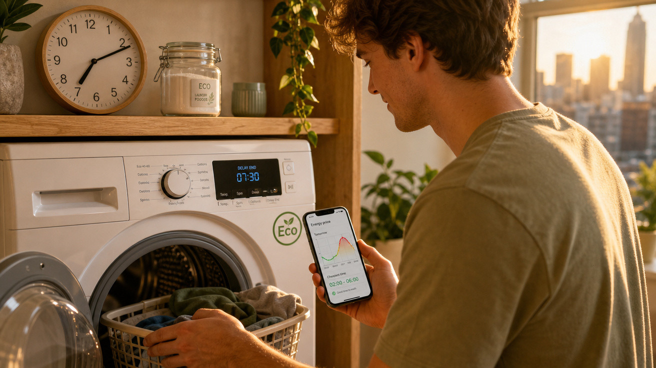 Homem coloca roupa na lavadora branca enquanto consulta app de energia no celular em ambiente com luz do pôr do sol.