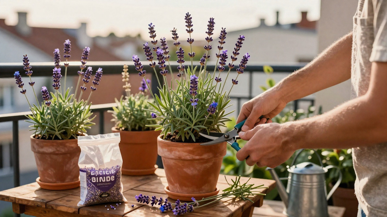 Pessoa podando flores de lavanda em vasos de cerâmica sobre mesa de madeira em varanda ao sol.