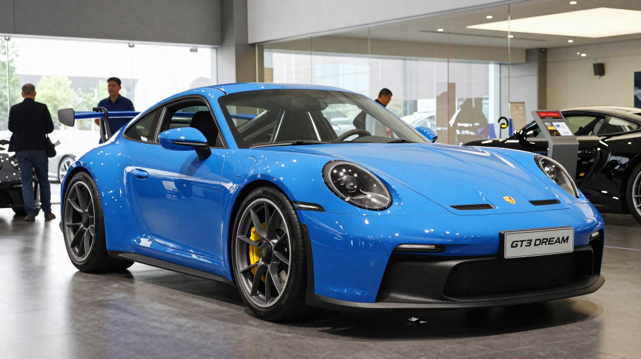 Carro esportivo azul Porsche GT3 Dream exposto em showroom com pessoas ao fundo.