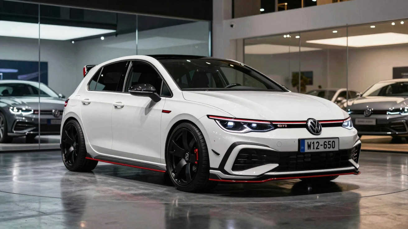 Carro branco Volkswagen GTI estacionado em ambiente interno moderno com piso reflexivo.