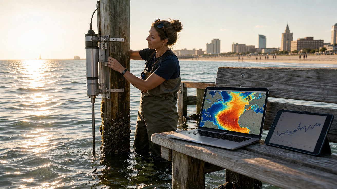 Mulher com roupa impermeável instala equipamento em poste na água, com laptop e tablet exibindo gráficos à beira-mar.