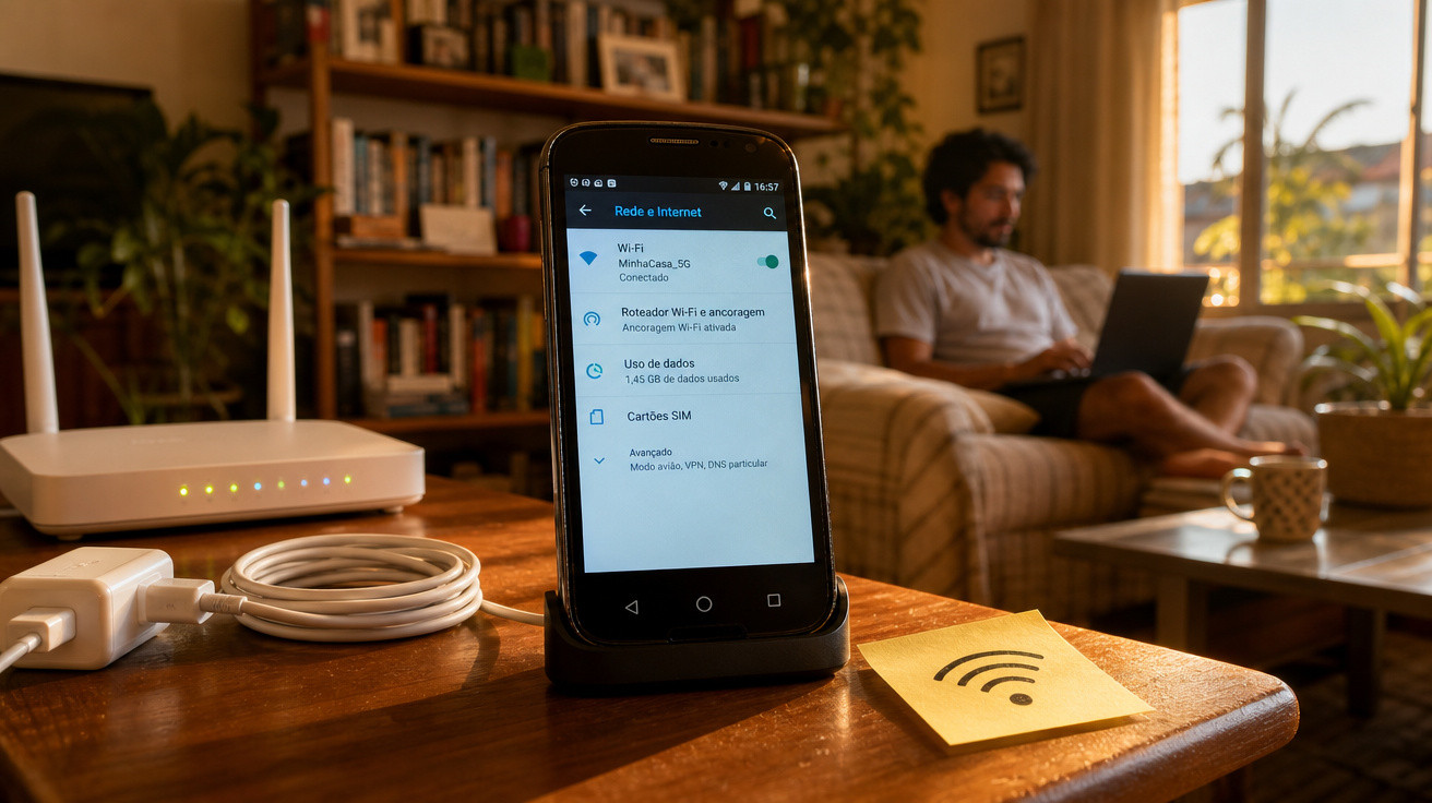Smartphone mostrando conexão Wi-Fi "MinhaCasa_5G" com roteador ao lado e homem ao fundo usando laptop.