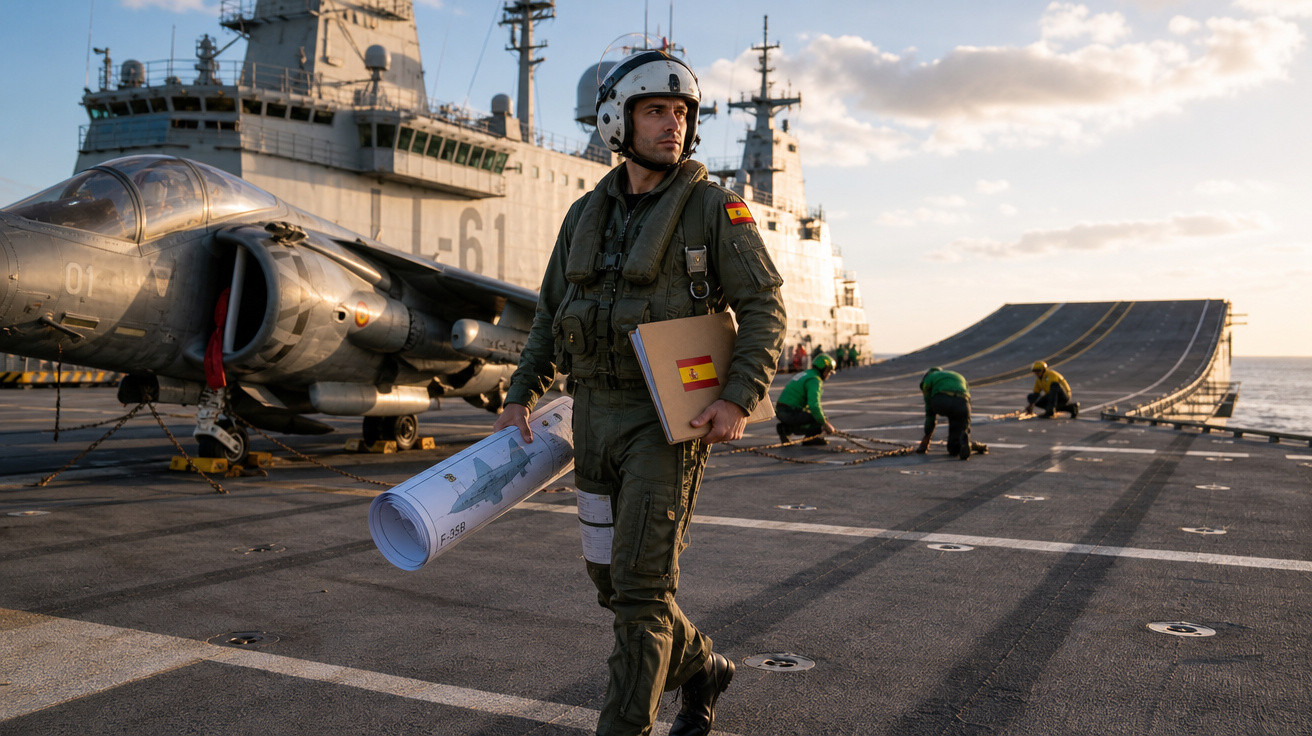 Piloto militar com capacete e uniforme camuflado anda no convés de porta-aviões ao pôr do sol.