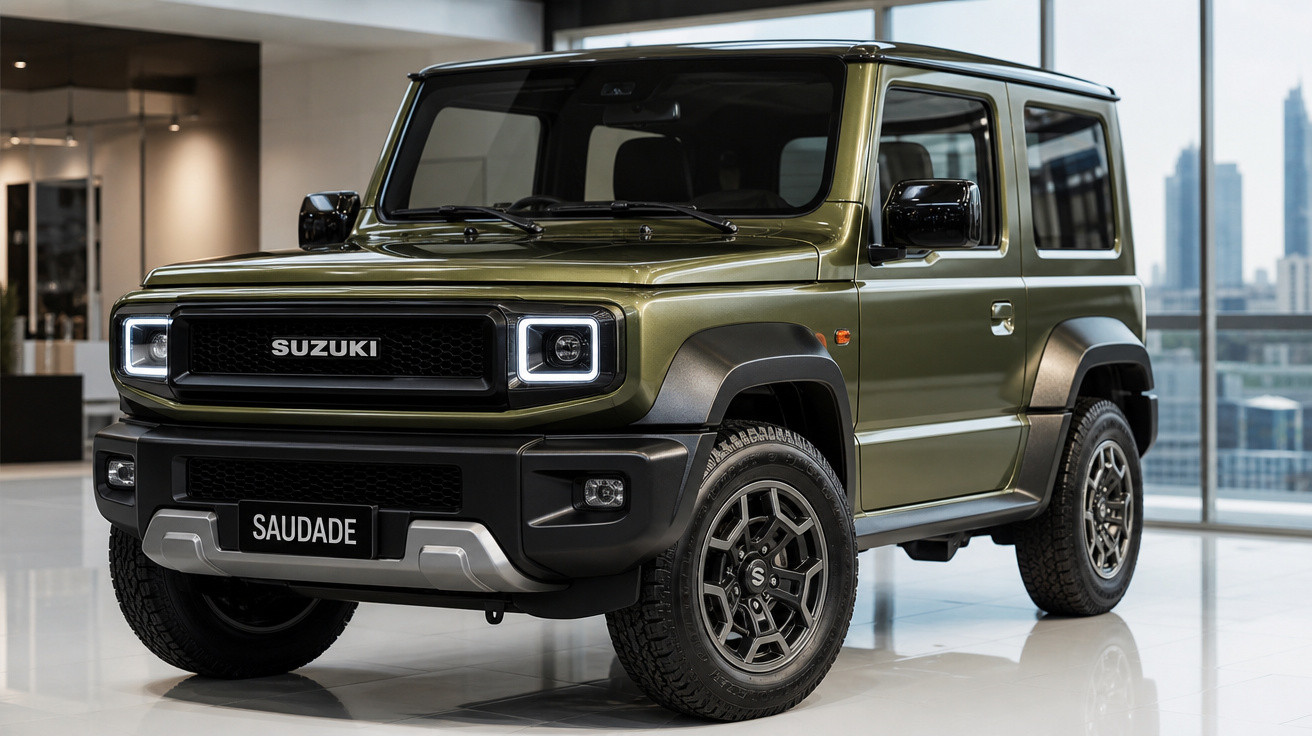 SUV Suzuki Jimny verde-musgo em exibição em ambiente interno com placas personalizadas "Saudade"