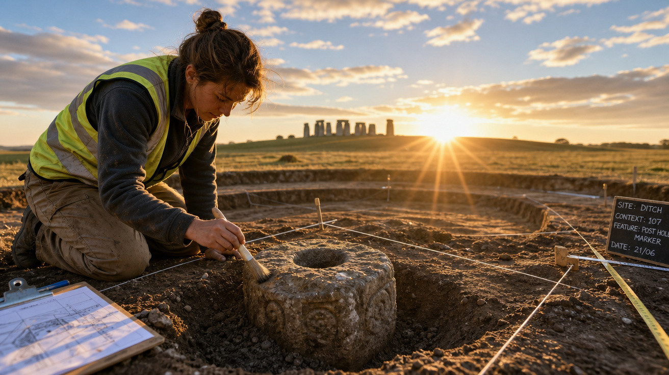Arqueóloga escavando artefato circular em sítio arqueológico próximo a Stonehenge ao pôr do sol.