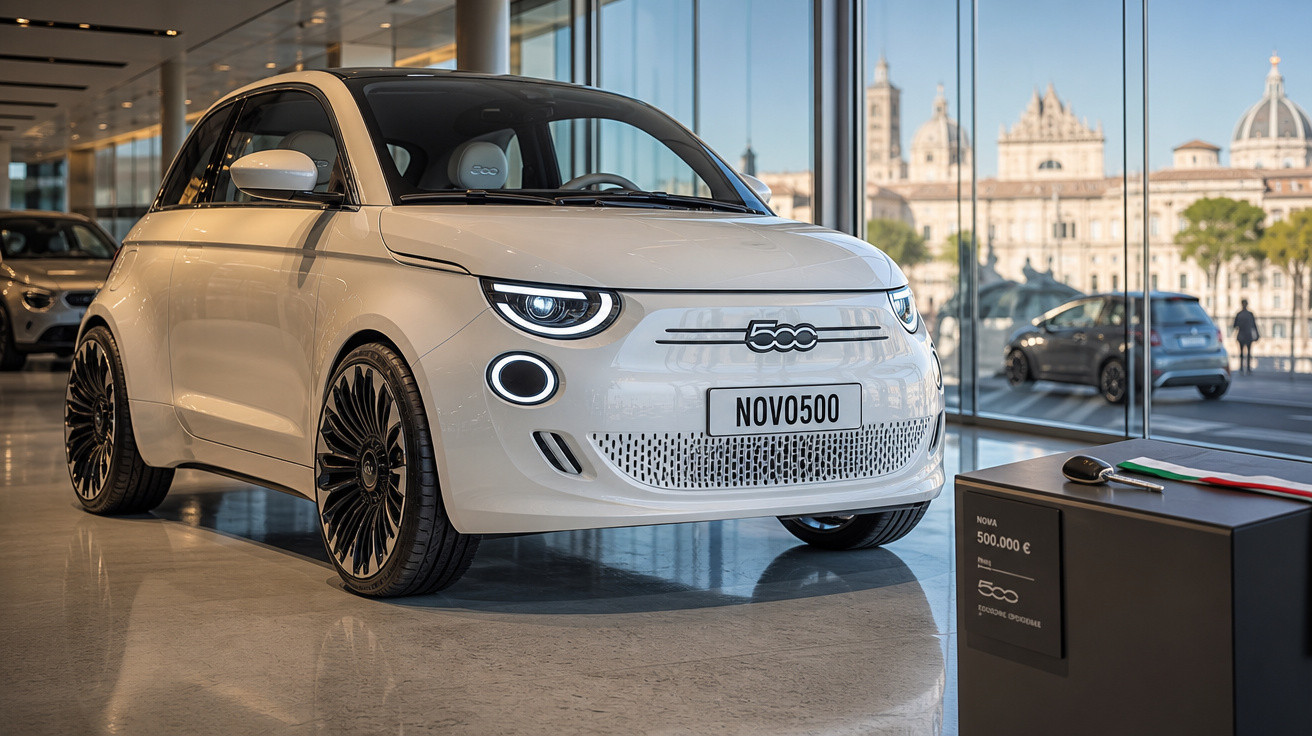 Carro branco Fiat 500 elétrico em exposição dentro de showroom com fachada de vidro.