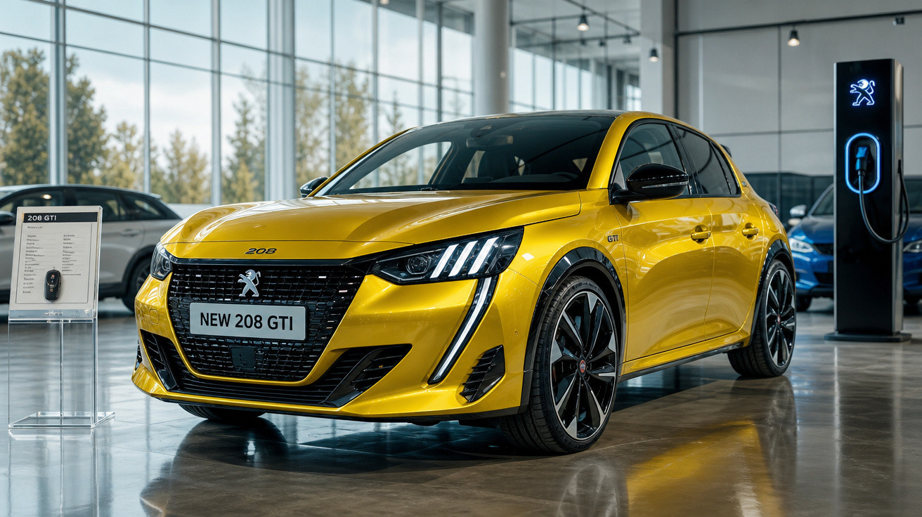 Carro esportivo Peugeot 208 GTI amarelo em showroom moderno com grandes janelas de vidro.