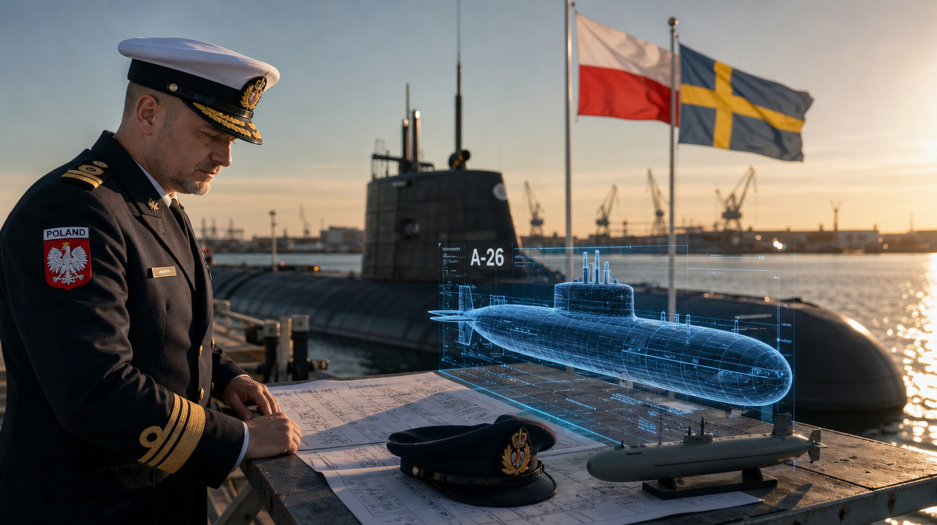 Oficial naval polonês analisando projeto holográfico de submarino A-26 com submarino real ao fundo no porto.
