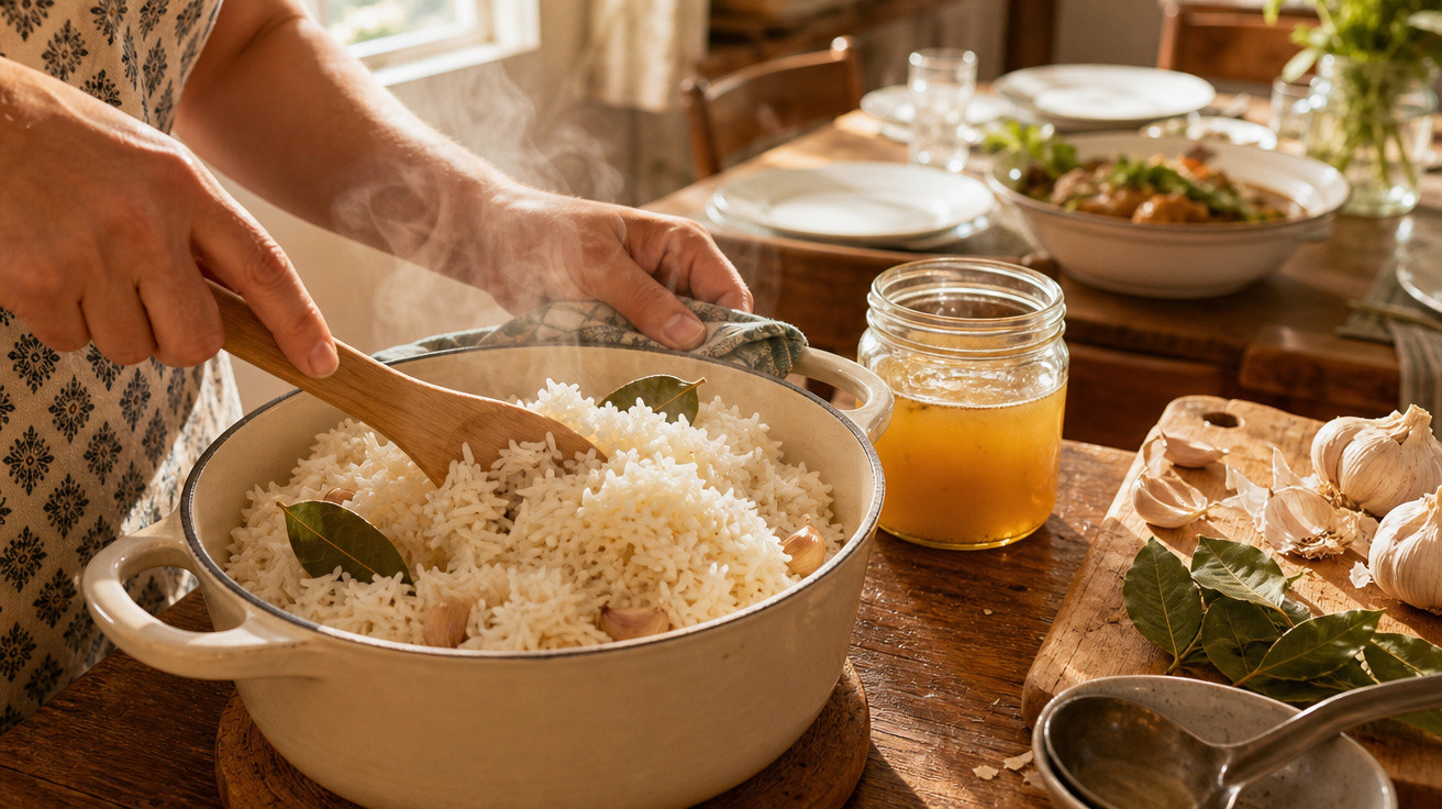 Pessoa mexendo arroz branco com folhas de louro em panela, ao lado de alho e pote de mel sobre mesa de madeira.
