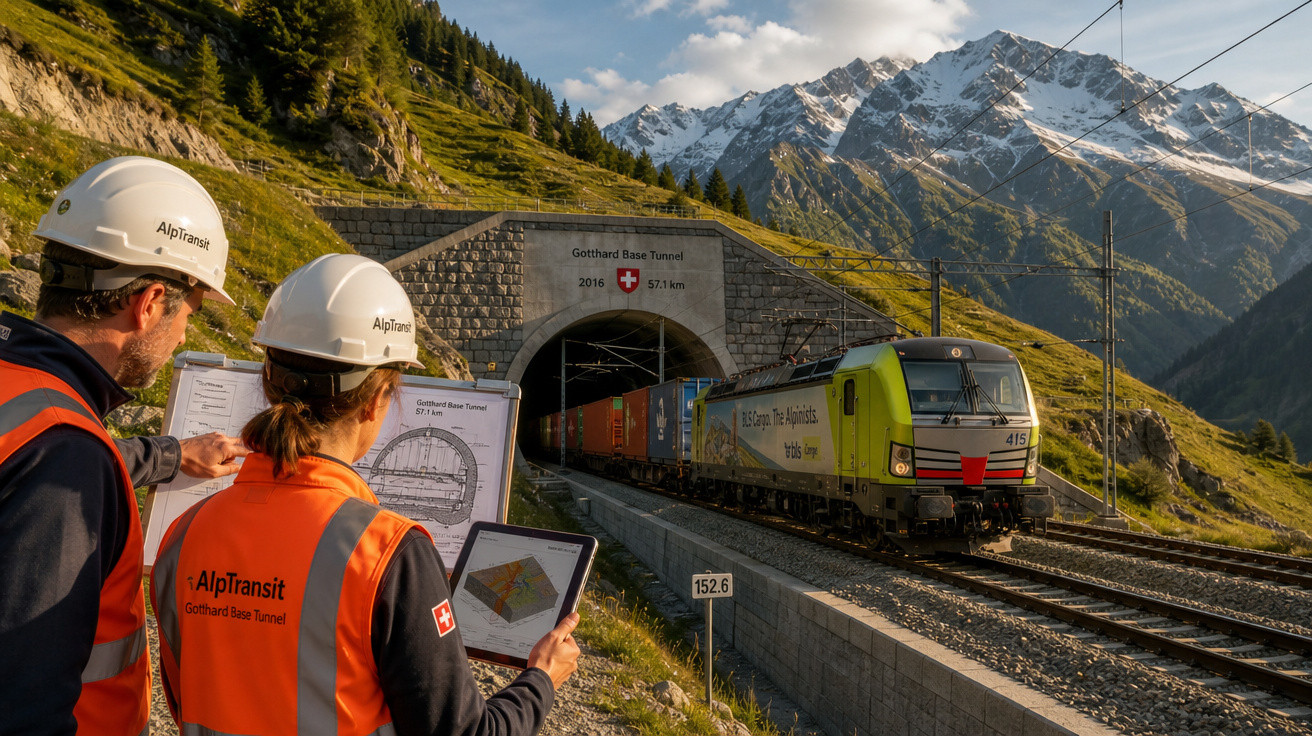 Dois engenheiros com capacetes e coletes de segurança observam um trem saindo do túnel base de Gotthard nas montanhas.