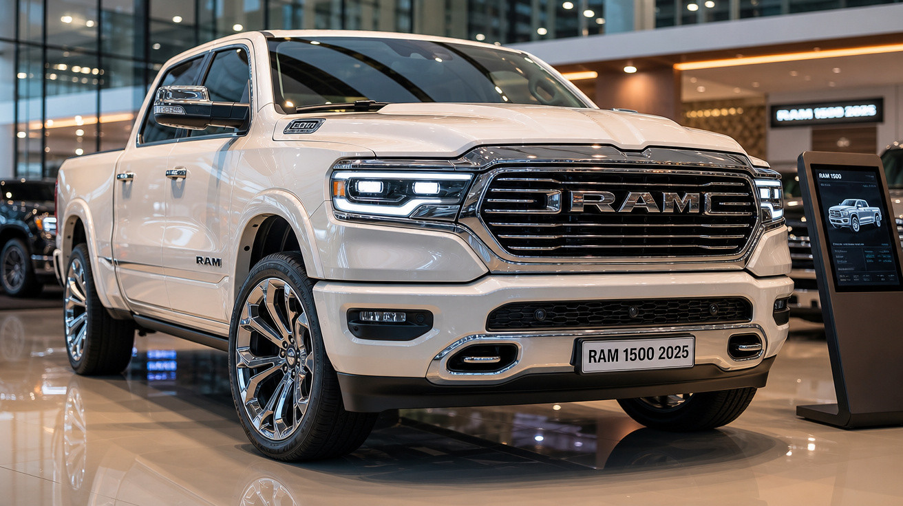 Picape branca Ram 1500 2025 exibida em showroom moderno com iluminação refletida.