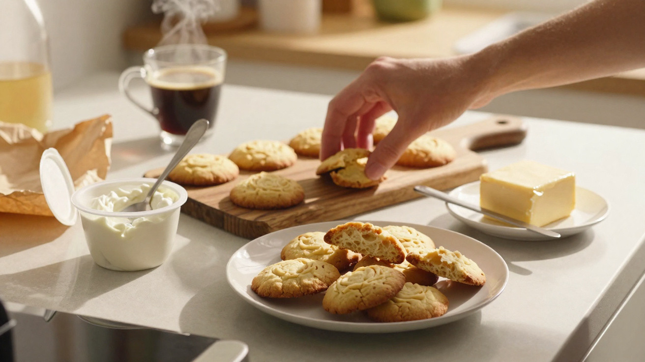 Mão pegando biscoito caseiro em bancada com biscoitos, café quente, manteiga e creme.