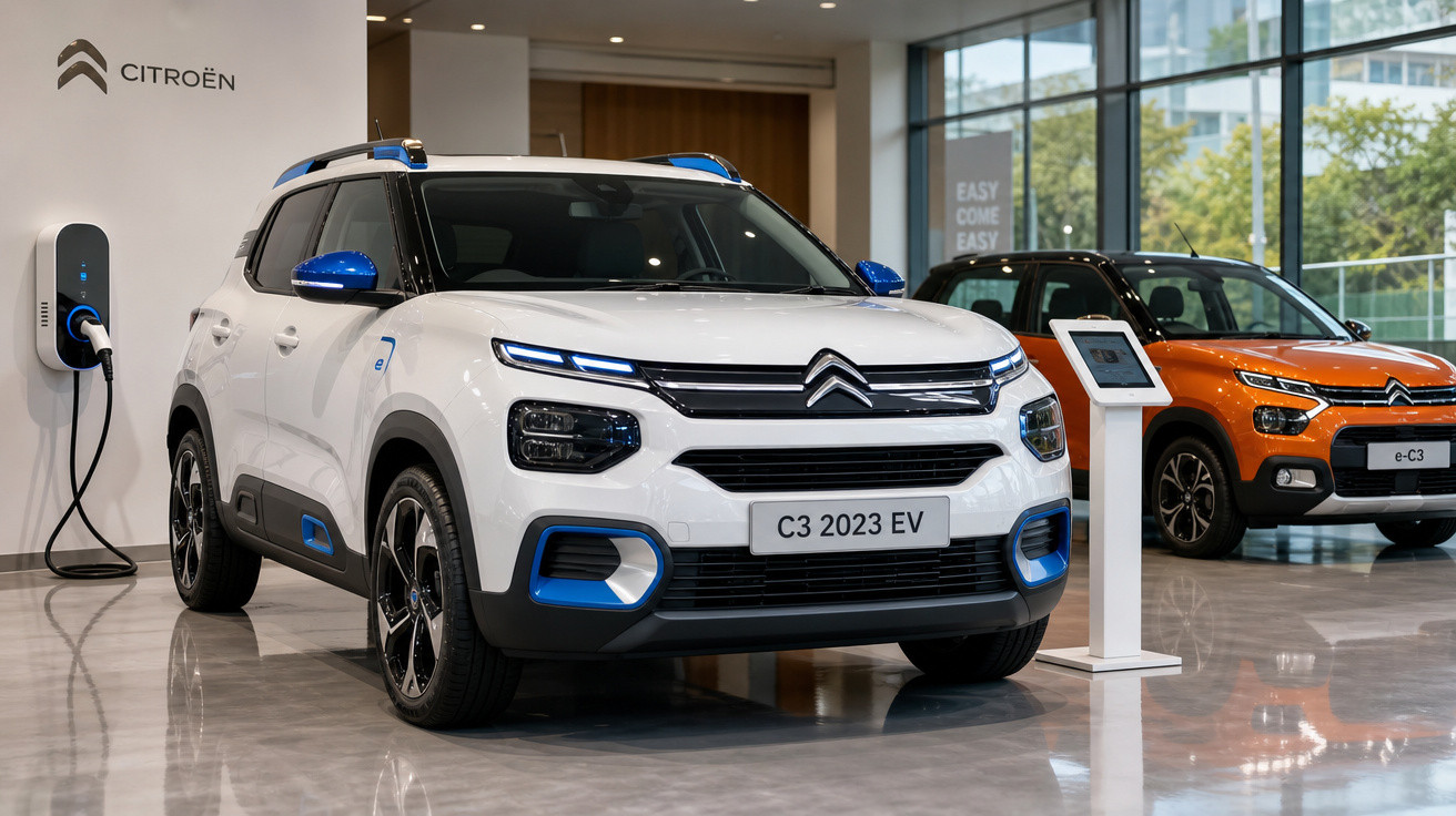 Carros Citroën C3 2023 EV branco e laranja em showroom com carregador elétrico e terminal digital.
