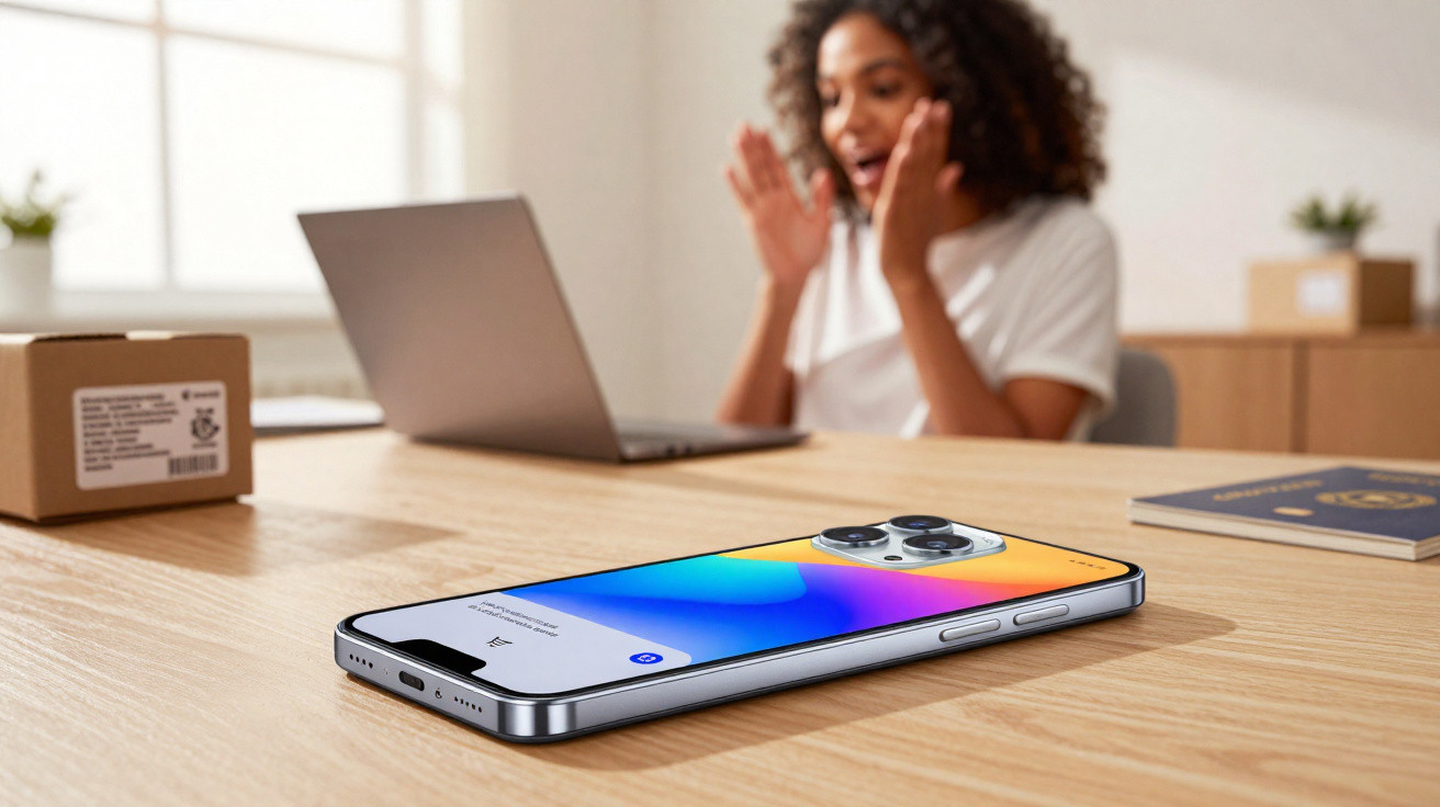 Smartphone moderno sobre mesa com mulher ao fundo surpresa usando laptop.
