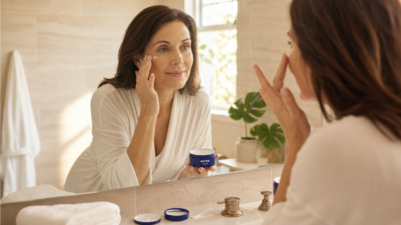 Mulher aplicando creme facial Nivea no rosto em frente ao espelho no banheiro.