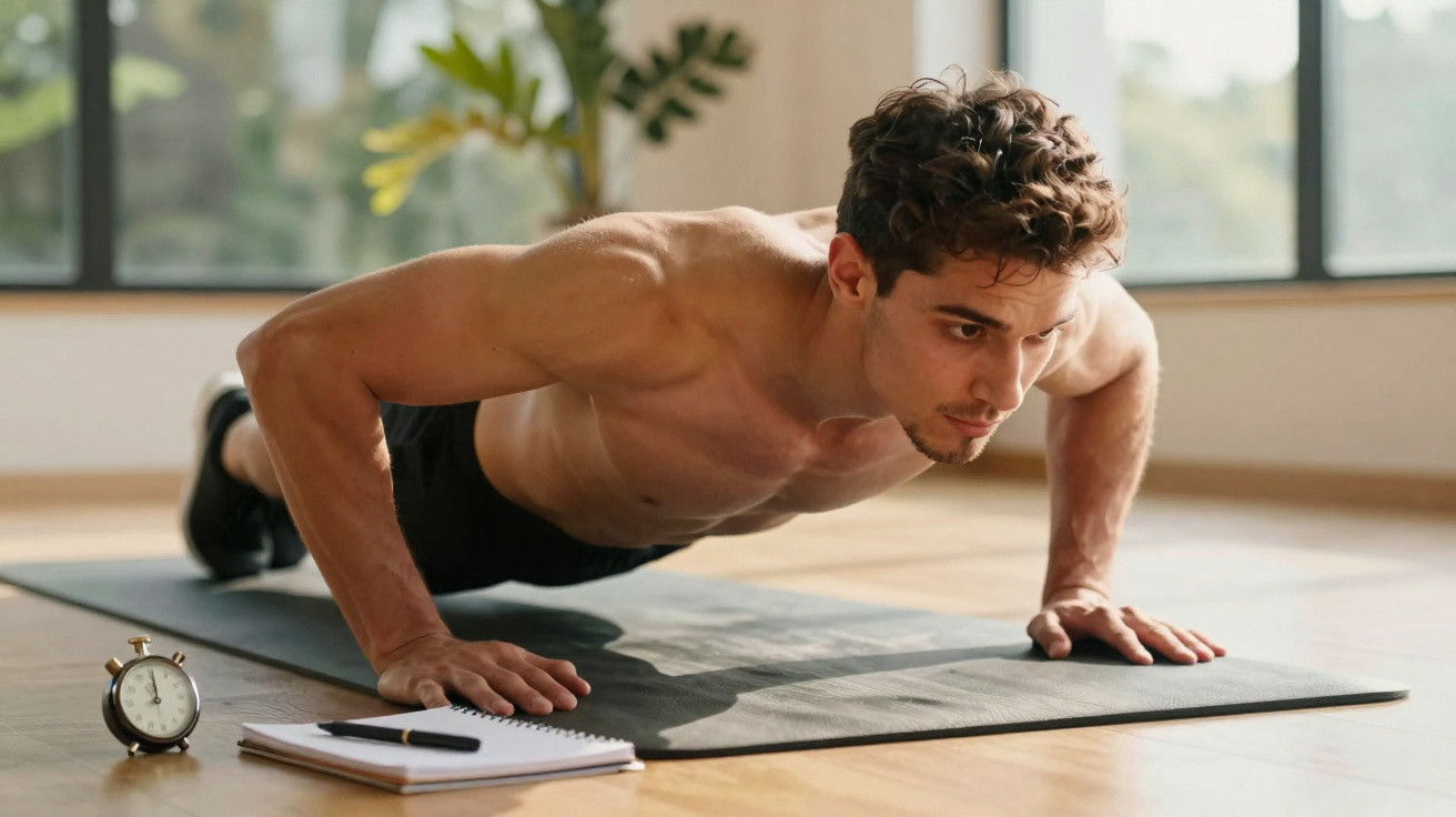 Homem fazendo flexão em tapete de exercícios com relógio e caderno ao lado em ambiente iluminado.