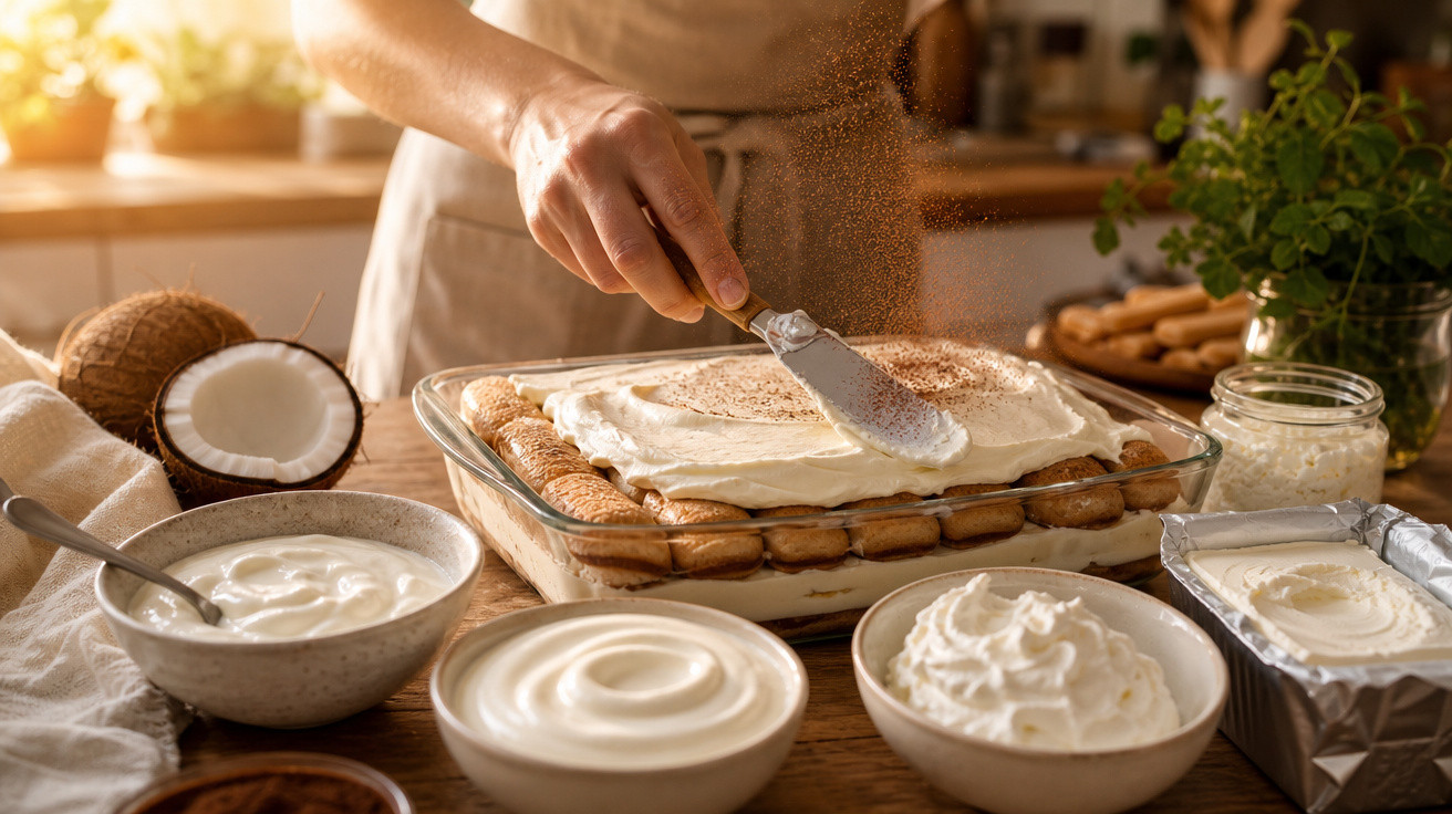 Pessoa espalhando creme sobre sobremesa de biscoito com coco e creme em tigelas ao redor na mesa de madeira