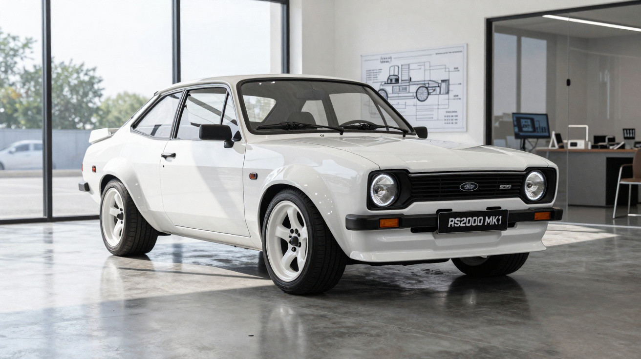 Carro esportivo branco clássico Ford RS2000 MK1 estacionado em ambiente interno moderno com luz natural.