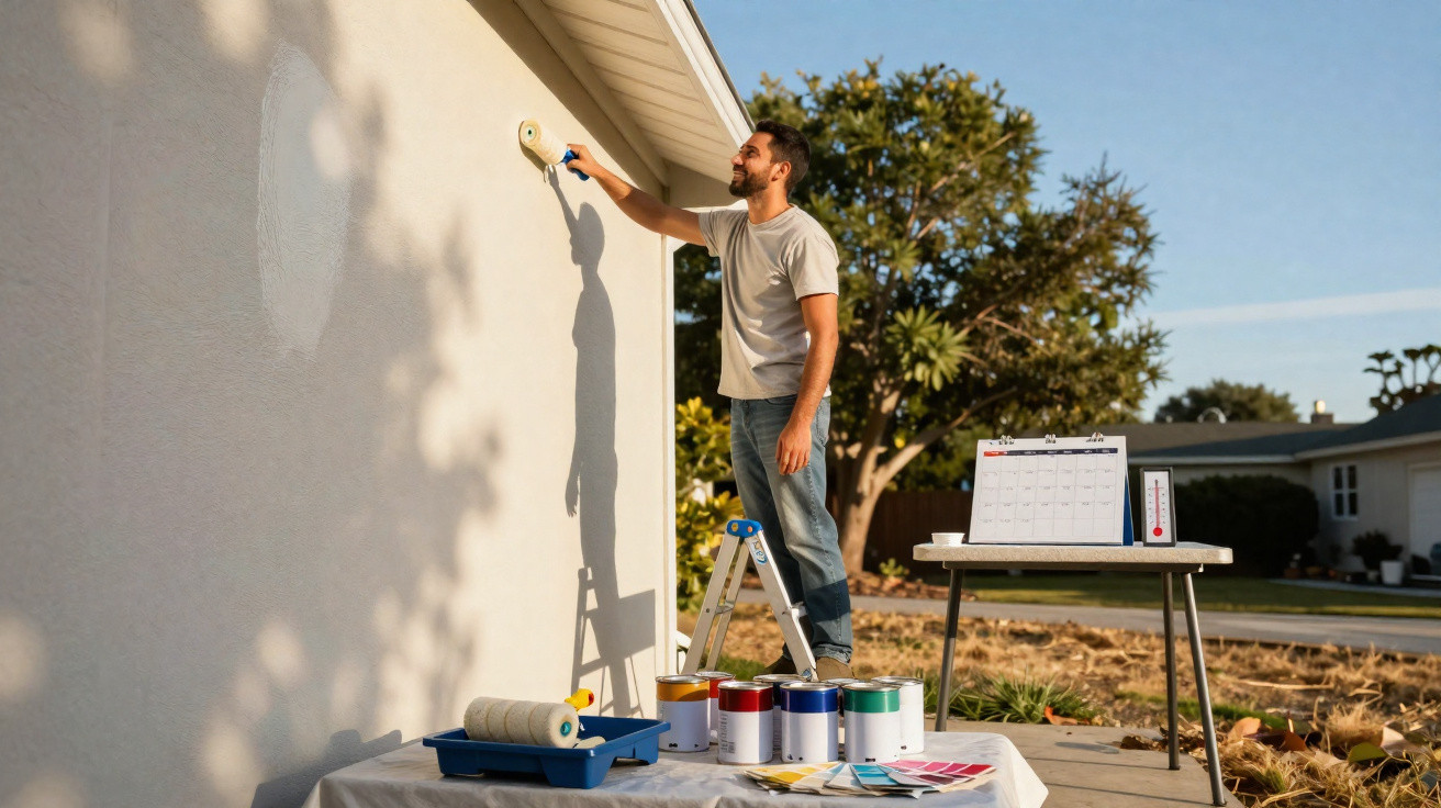 Homem pintando parede externa branca com rolo, em dia ensolarado, usando escada pequena.