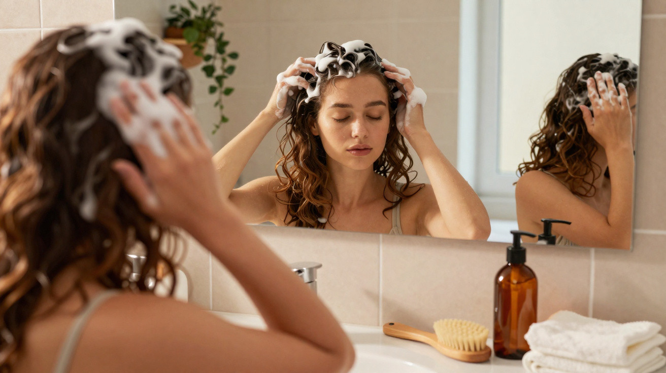 Mulher lavando o cabelo com espuma de shampoo em frente ao espelho no banheiro.