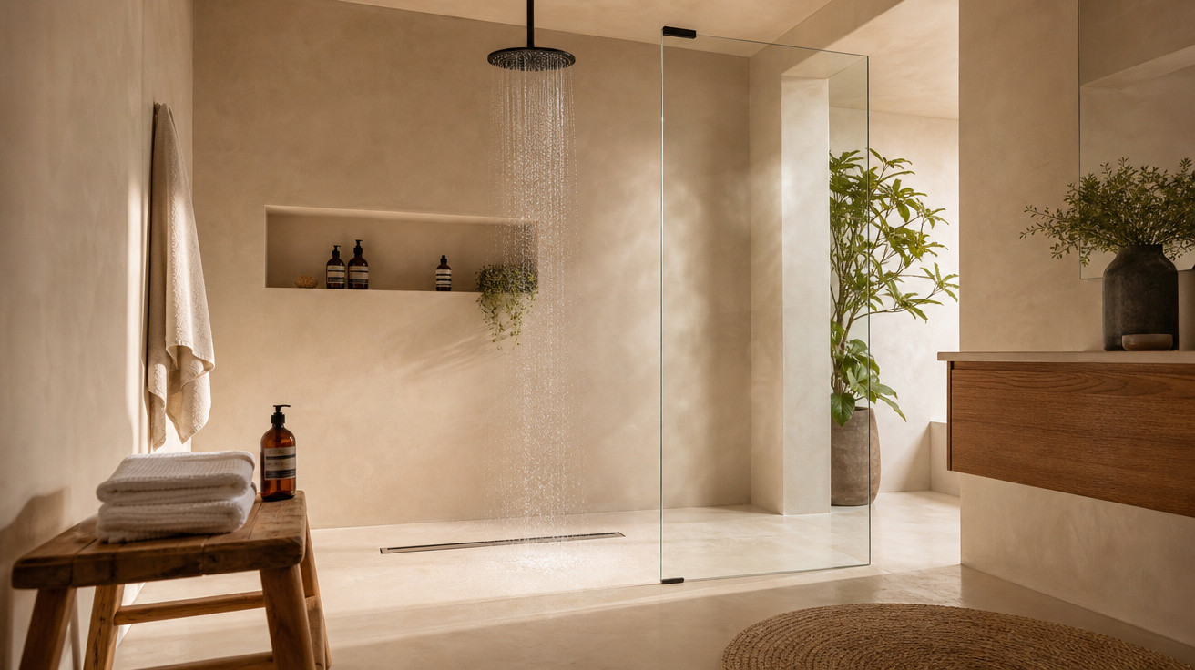 Banheiro moderno com chuveiro de teto, bancada de madeira, toalhas e planta decorativa.